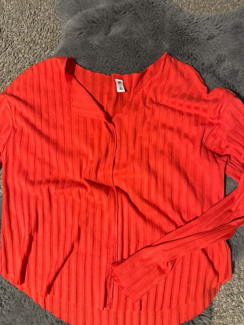 BP. Nordstrom Red Ribbed Long Sleeve Lettuce Hem Knit Top